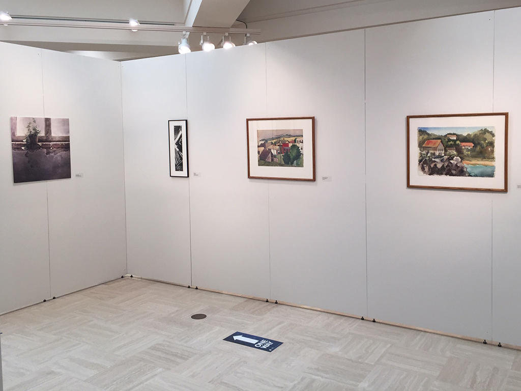 Inside of window wall featuring works (L - R) Hong, Zinn, and Quint